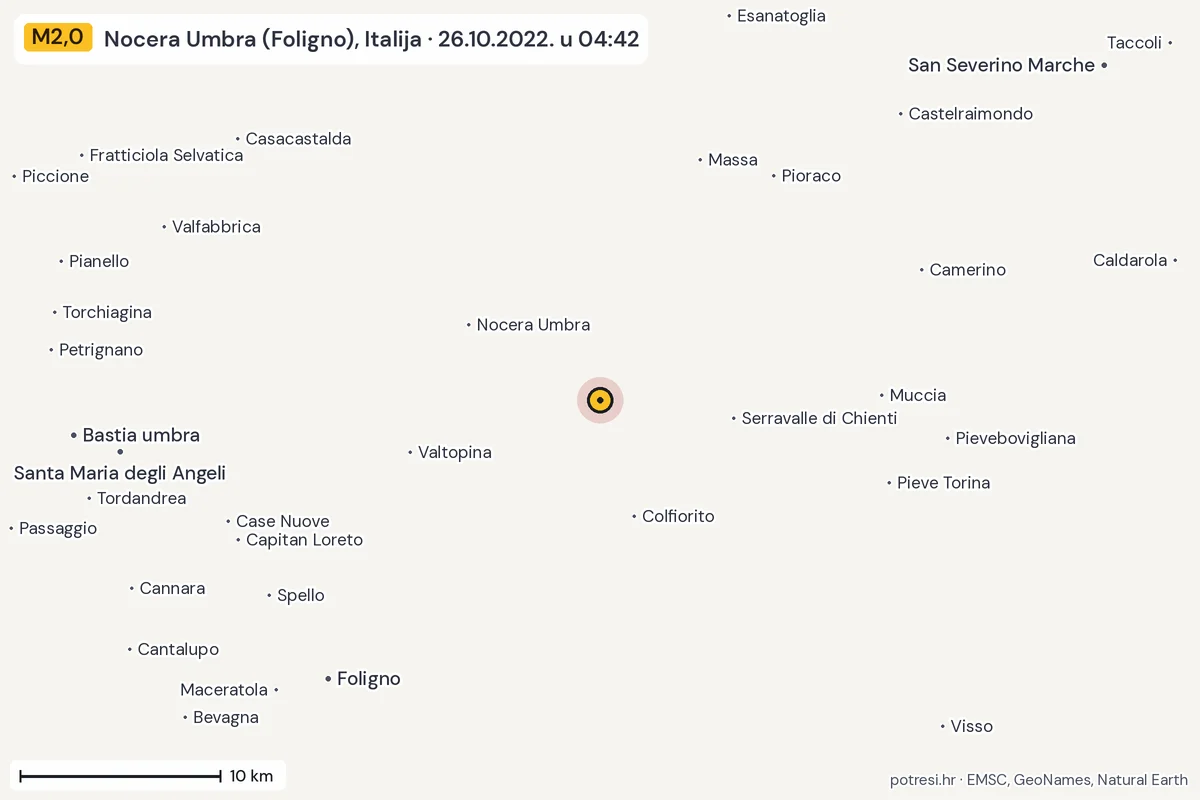 Karta: okolica epicentra, 60 km, potres M2,0, Nocera Umbra (Foligno), Italija, 26.10.2022.