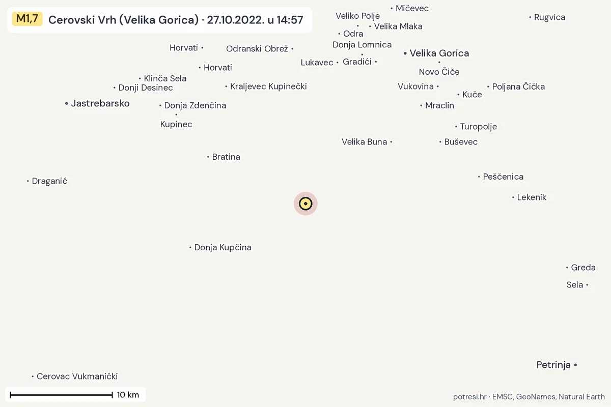 Karta: okolica epicentra, 60 km, potres M1,7, Cerovski Vrh (Velika Gorica), 27.10.2022.