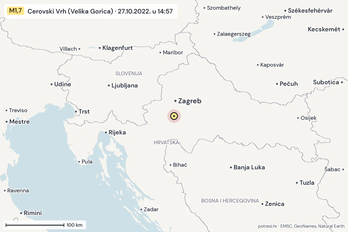 Karta: šire područje, 600 km, potres M1,7, Cerovski Vrh (Velika Gorica), 27.10.2022.