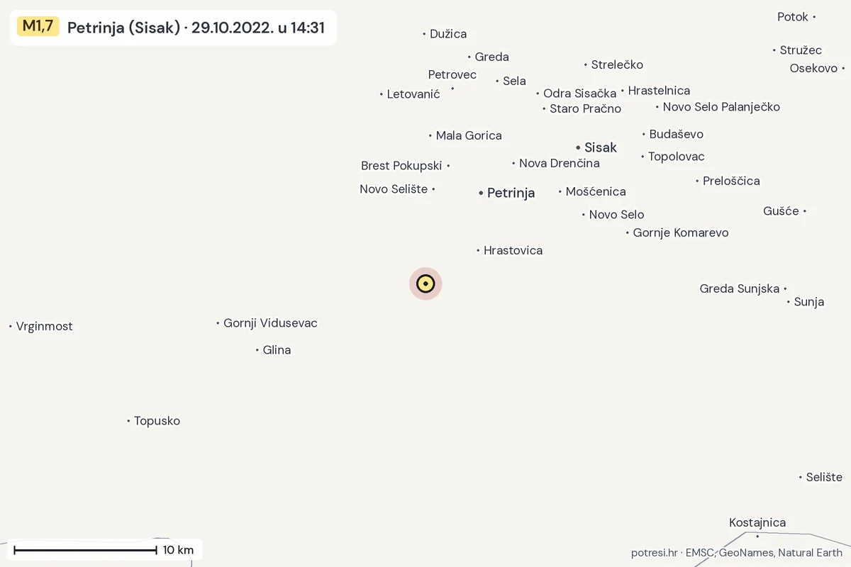 Karta: okolica epicentra, 60 km, potres M1,7, Petrinja (Sisak), 29.10.2022.