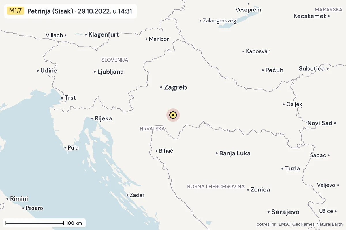 Karta: šire područje, 600 km, potres M1,7, Petrinja (Sisak), 29.10.2022.