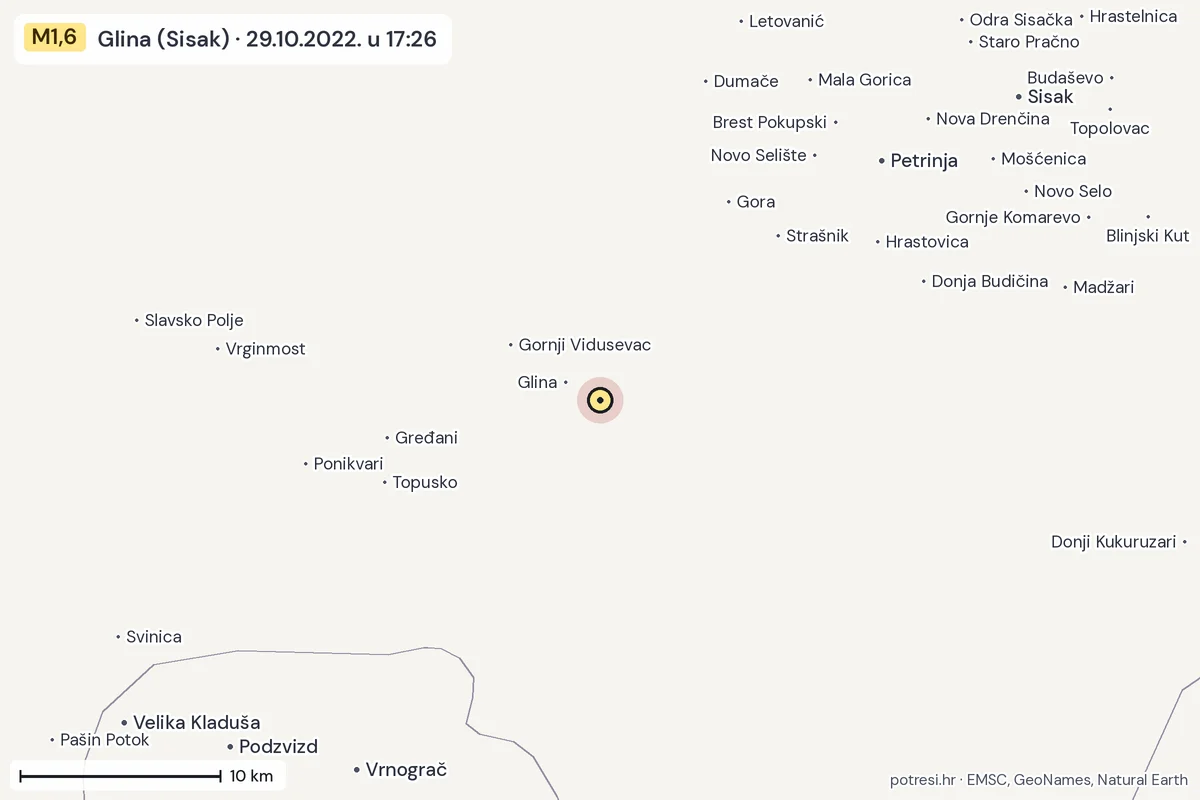 Karta: okolica epicentra, 60 km, potres M1,6, Glina (Sisak), 29.10.2022.