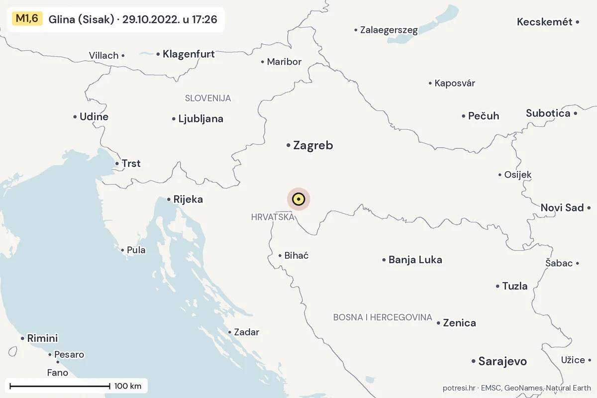Karta: šire područje, 600 km, potres M1,6, Glina (Sisak), 29.10.2022.