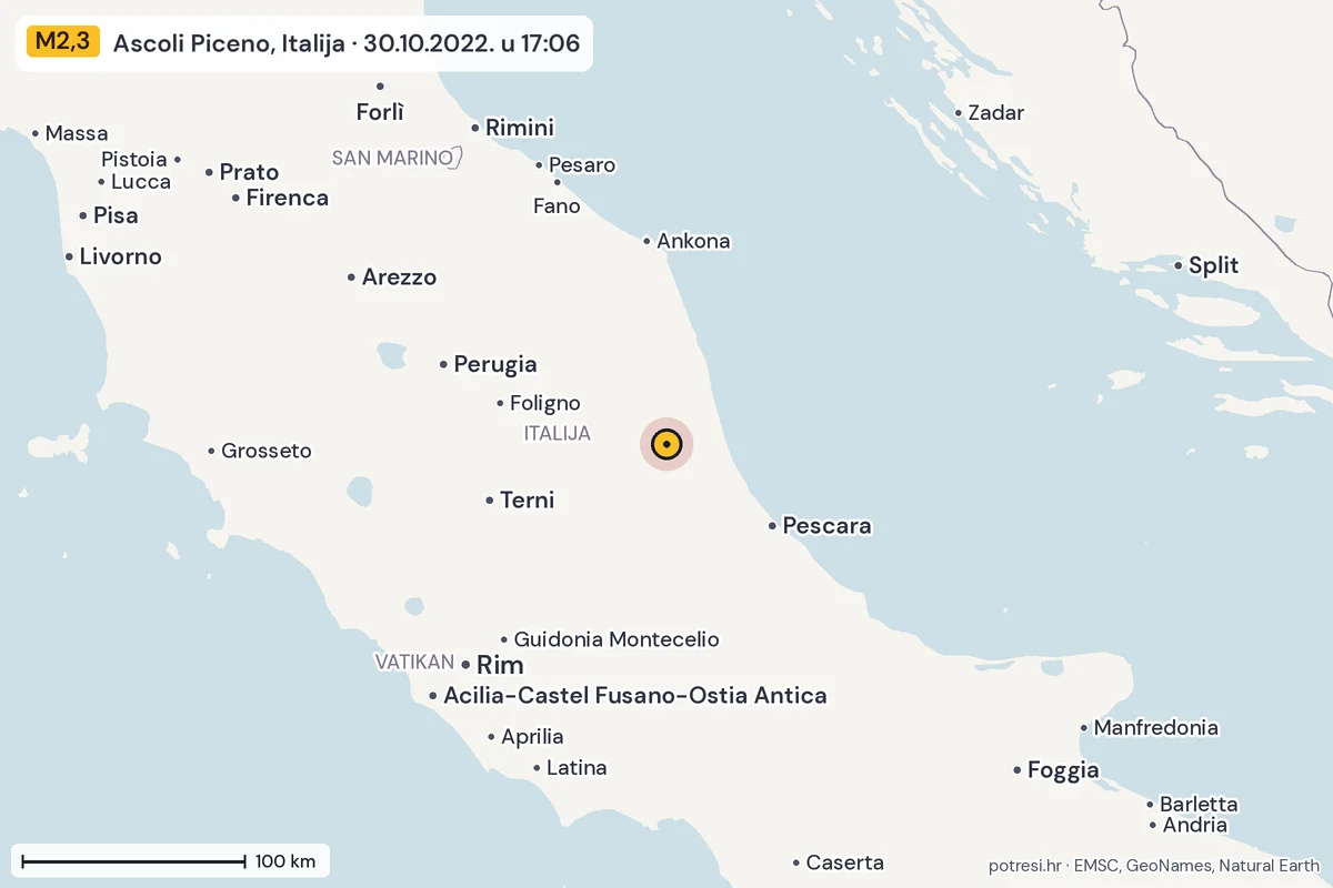 Karta: šire područje, 600 km, potres M2,3, Ascoli Piceno, Italija, 30.10.2022.
