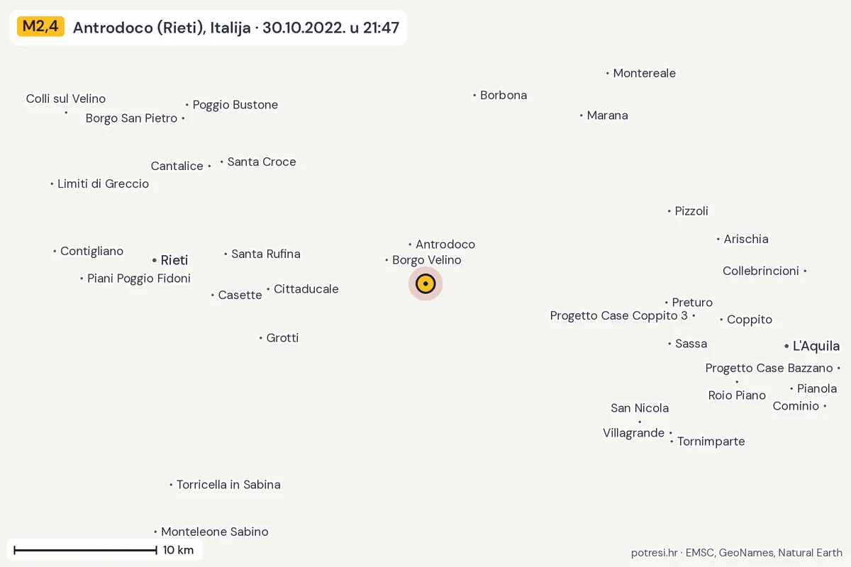 Karta: okolica epicentra, 60 km, potres M2,4, Antrodoco (Rieti), Italija, 30.10.2022.