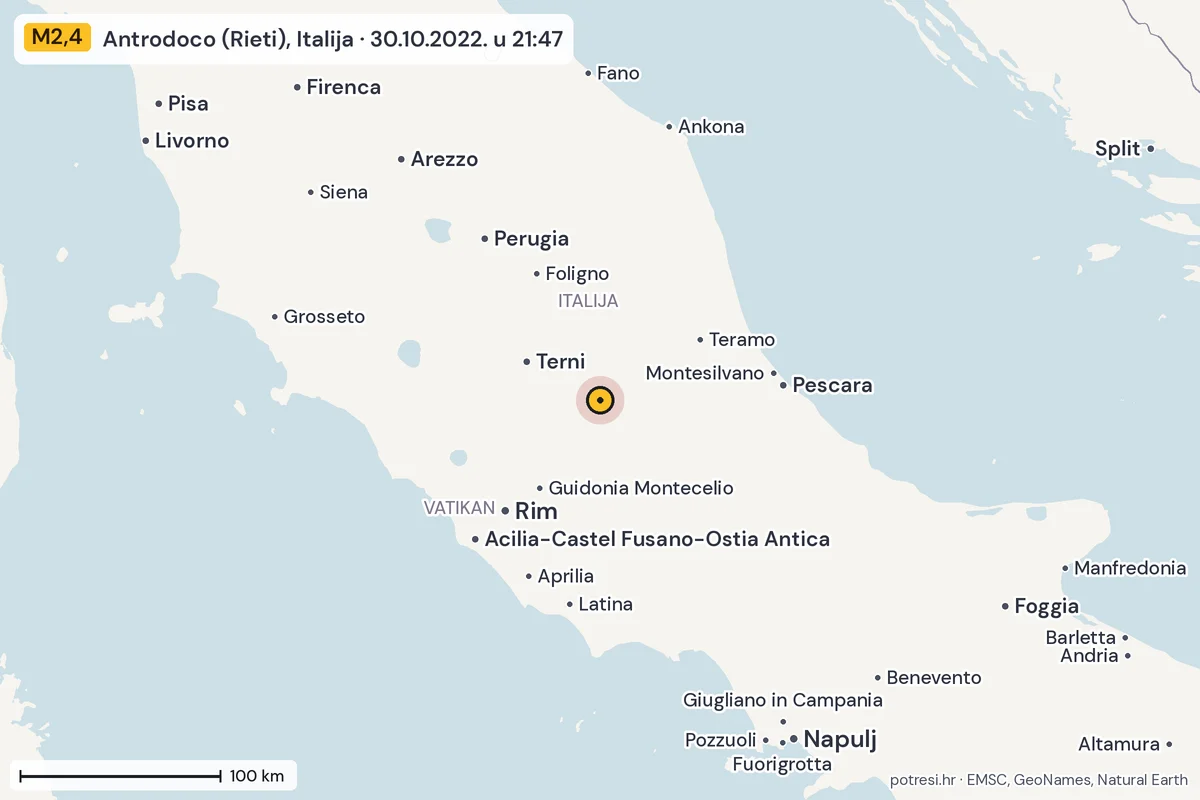 Karta: šire područje, 600 km, potres M2,4, Antrodoco (Rieti), Italija, 30.10.2022.