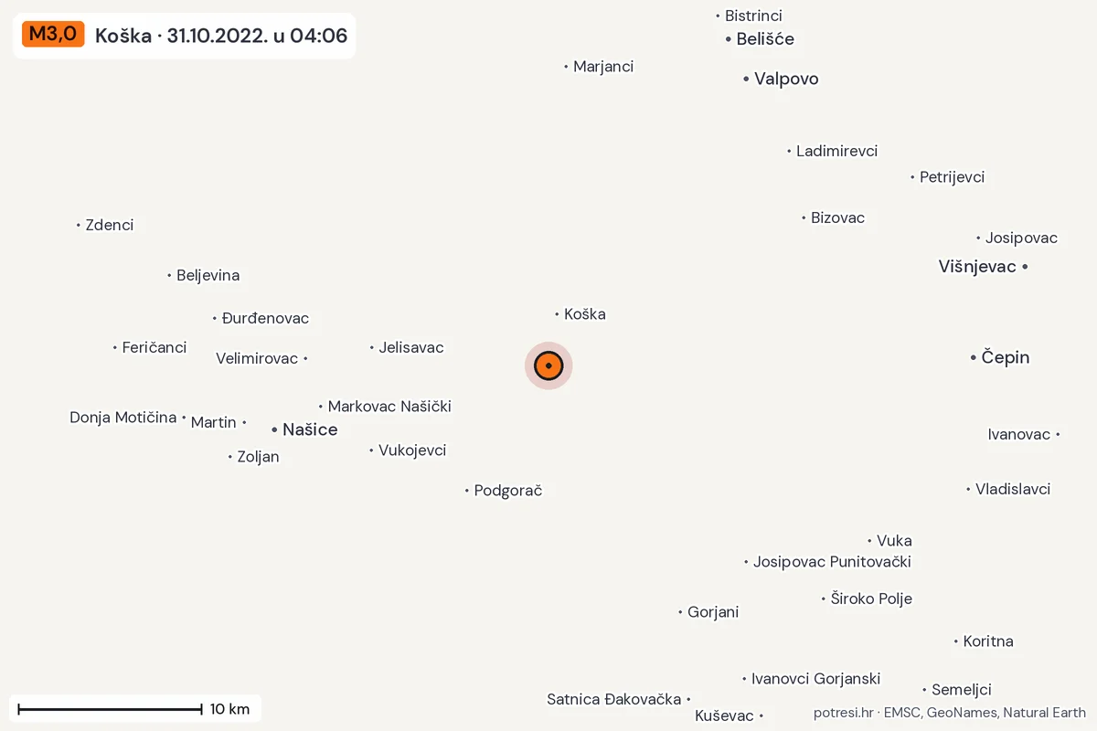 Karta: okolica epicentra, 60 km, potres M3,0, Koška, 31.10.2022.