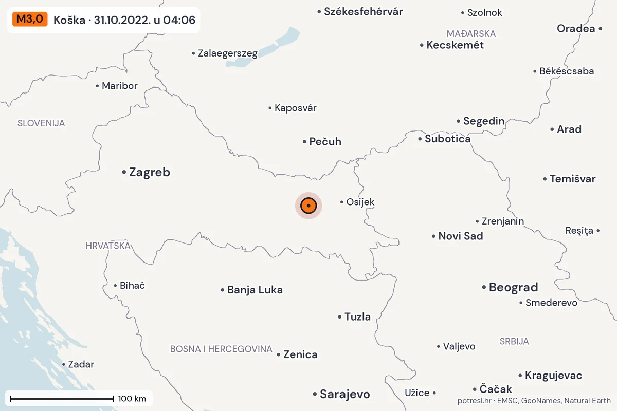 Karta: šire područje, 600 km, potres M3,0, Koška, 31.10.2022.