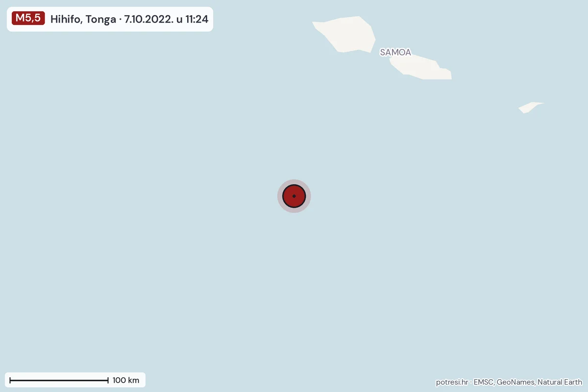 Karta: šire područje, 600 km, potres M5,5, Hihifo, Tonga, 7.10.2022.
