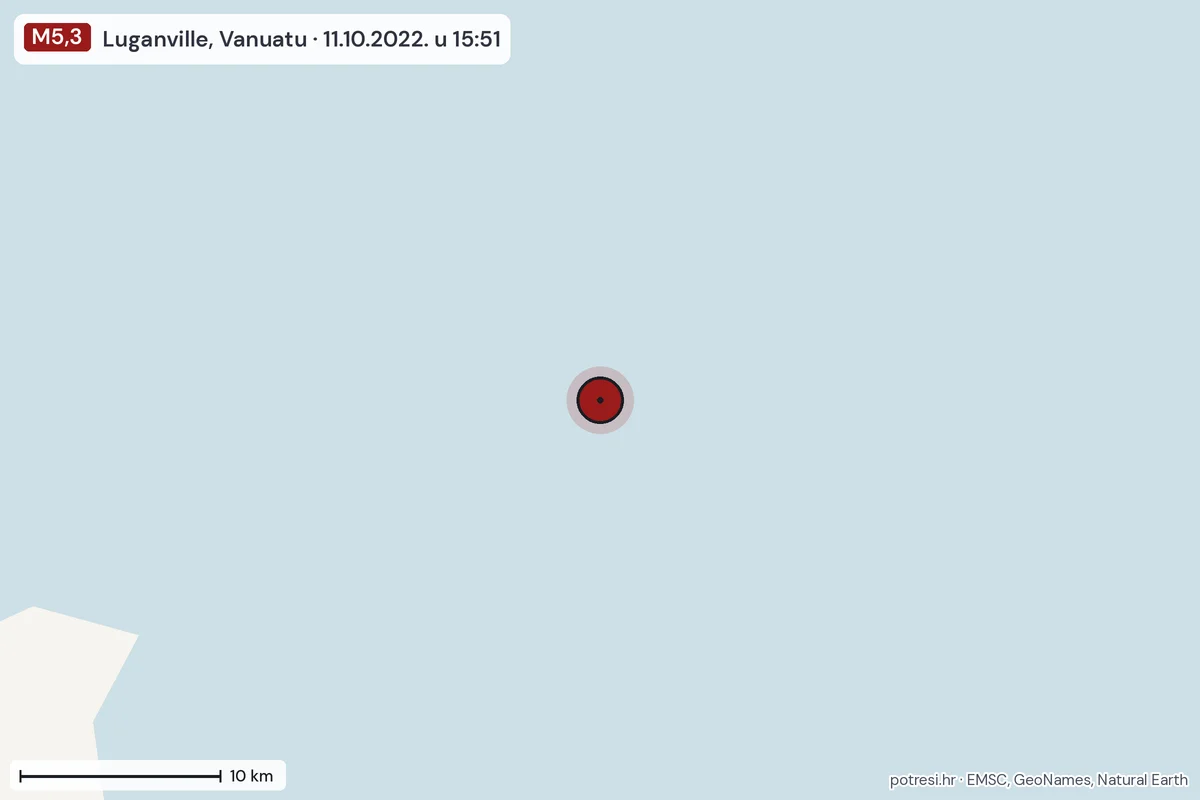 Karta: okolica epicentra, 60 km, potres M5,3, Luganville, Vanuatu, 11.10.2022.