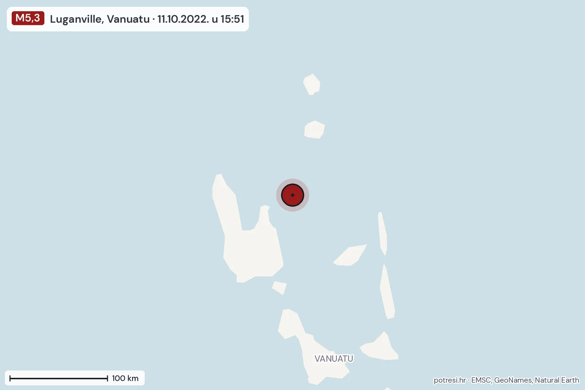 Karta: šire područje, 600 km, potres M5,3, Luganville, Vanuatu, 11.10.2022.