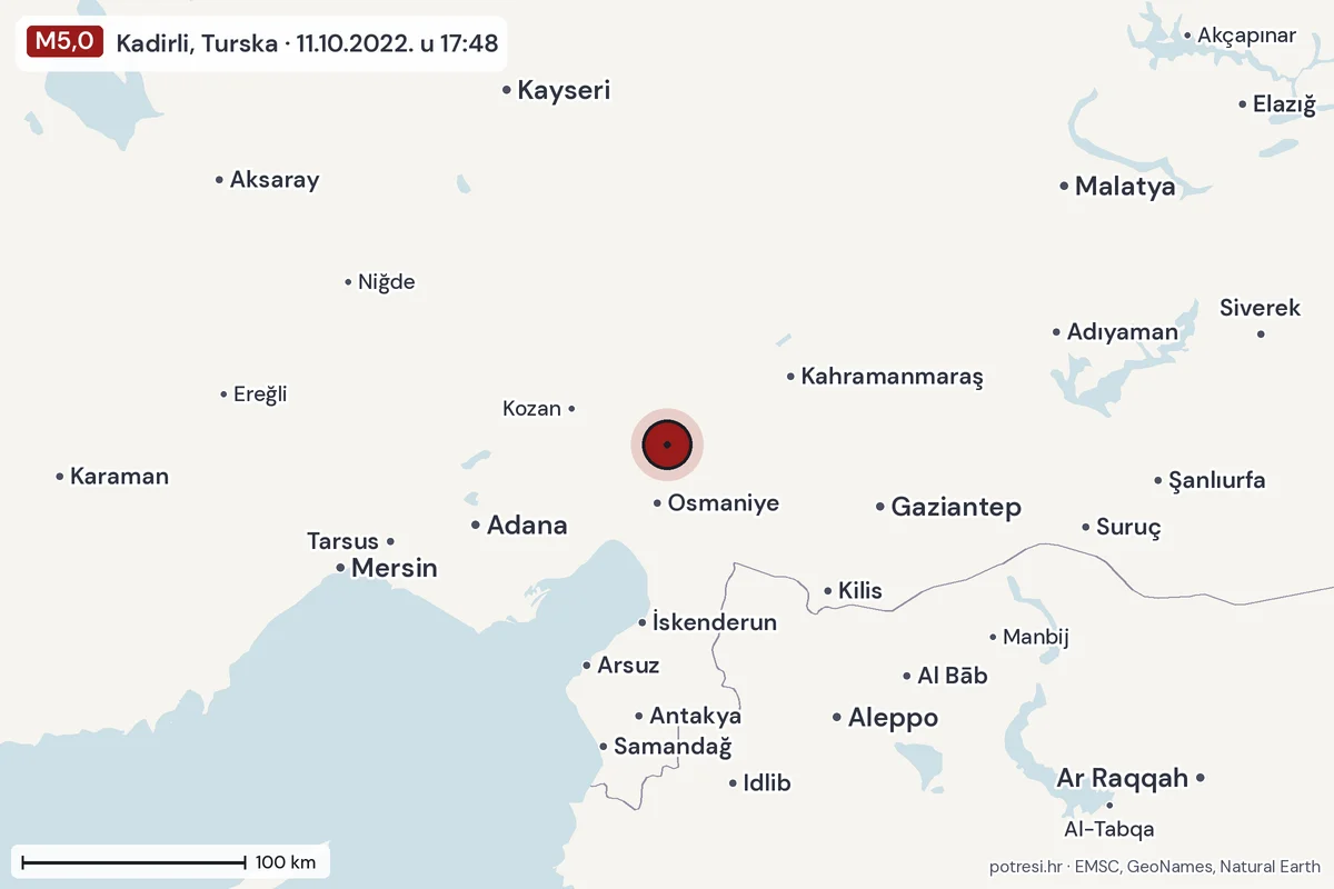Karta: šire područje, 600 km, potres M5,0, Kadirli, Turska, 11.10.2022.
