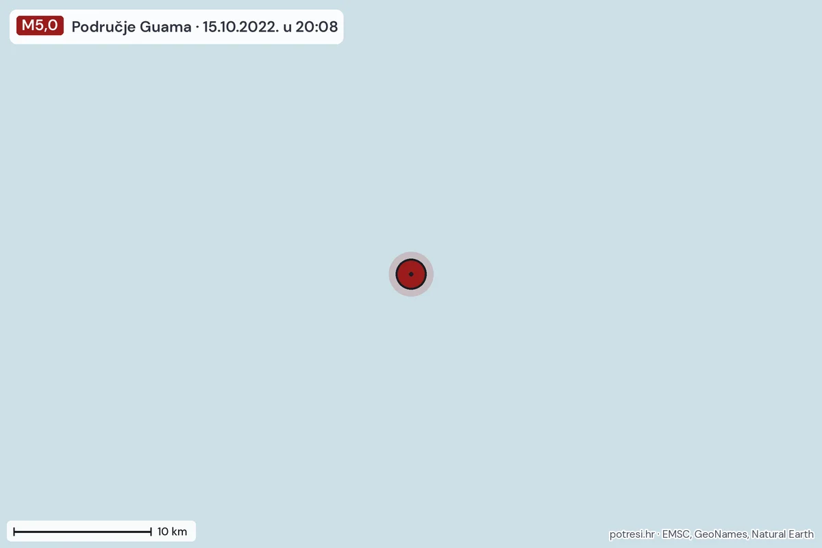 Karta: okolica epicentra, 60 km, potres M5,0, Područje Guama, 15.10.2022.