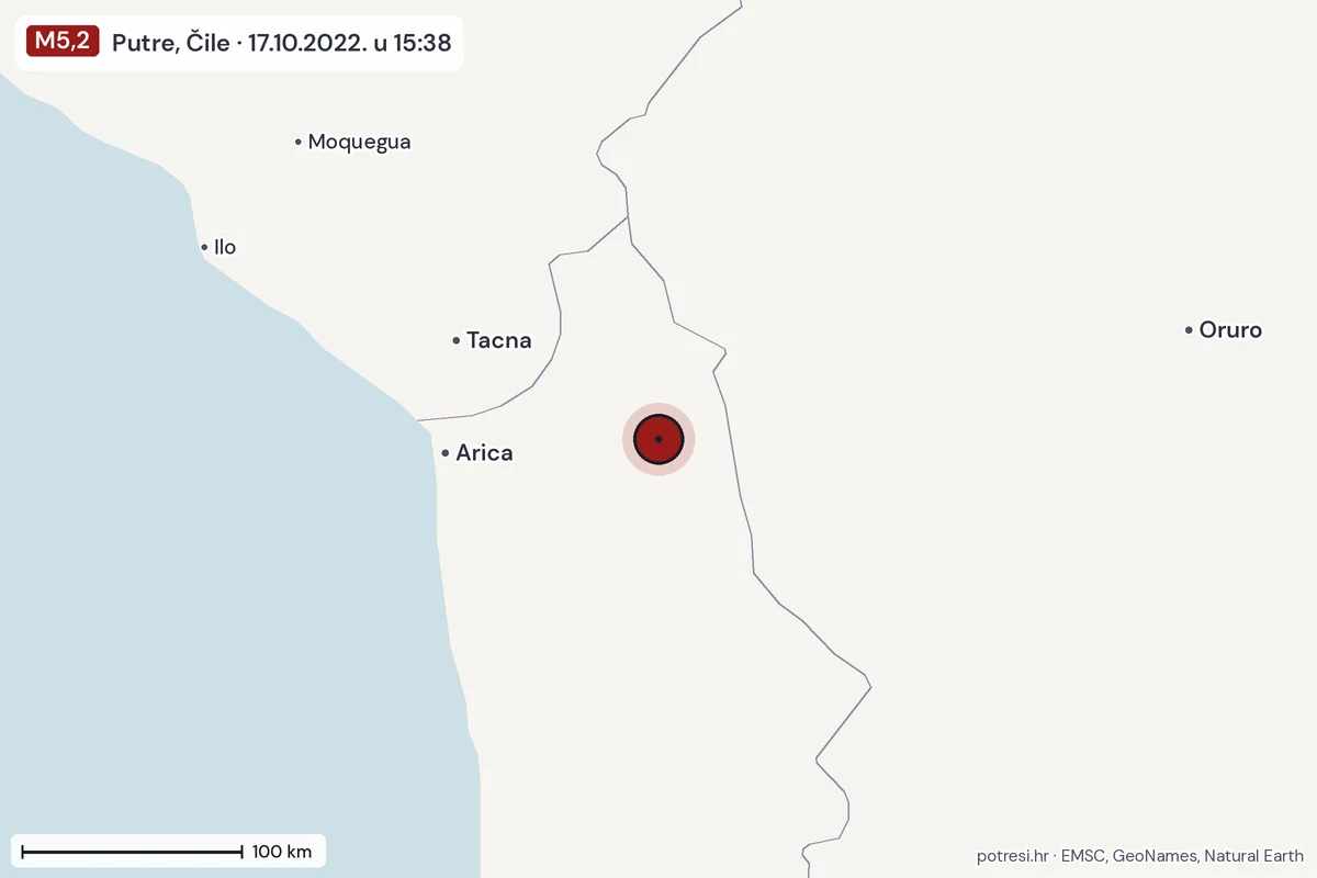 Karta: šire područje, 600 km, potres M5,2, Putre, Čile, 17.10.2022.