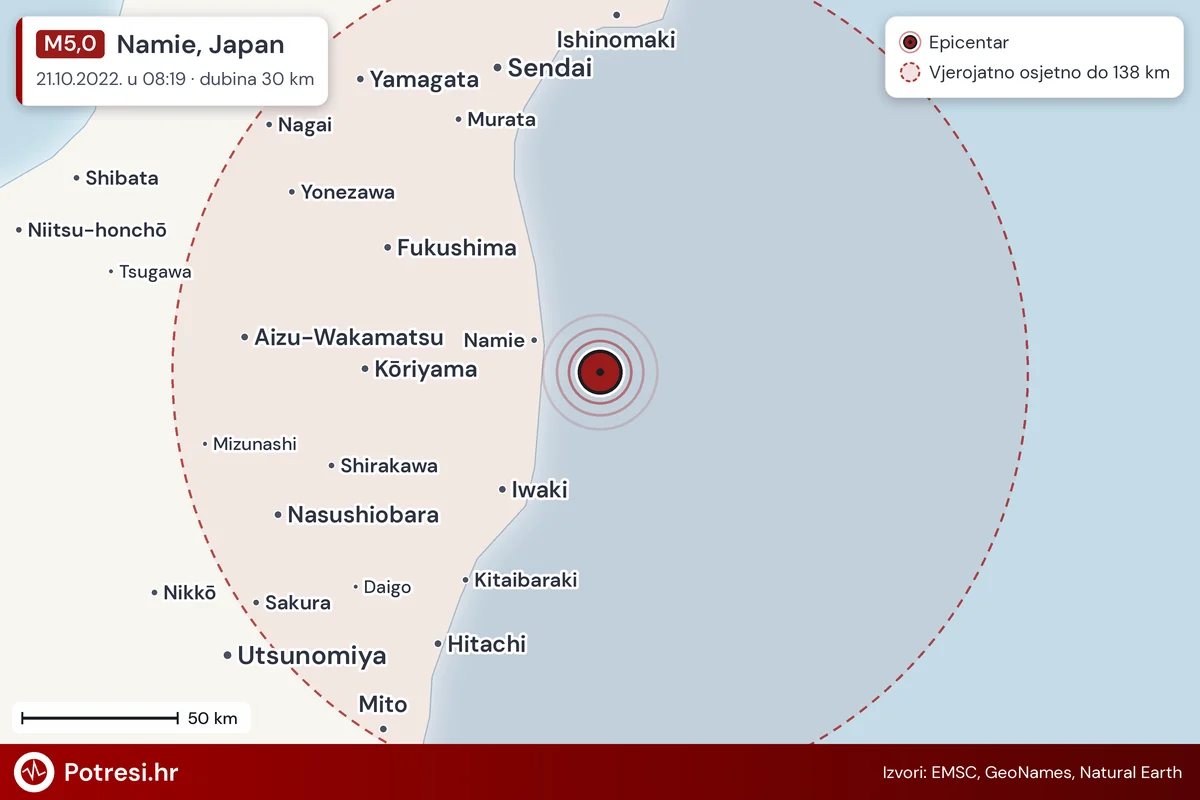 Karta: šire područje i vjerojatni doseg osjeta, potres M5,0, Namie, Japan, 21.10.2022.