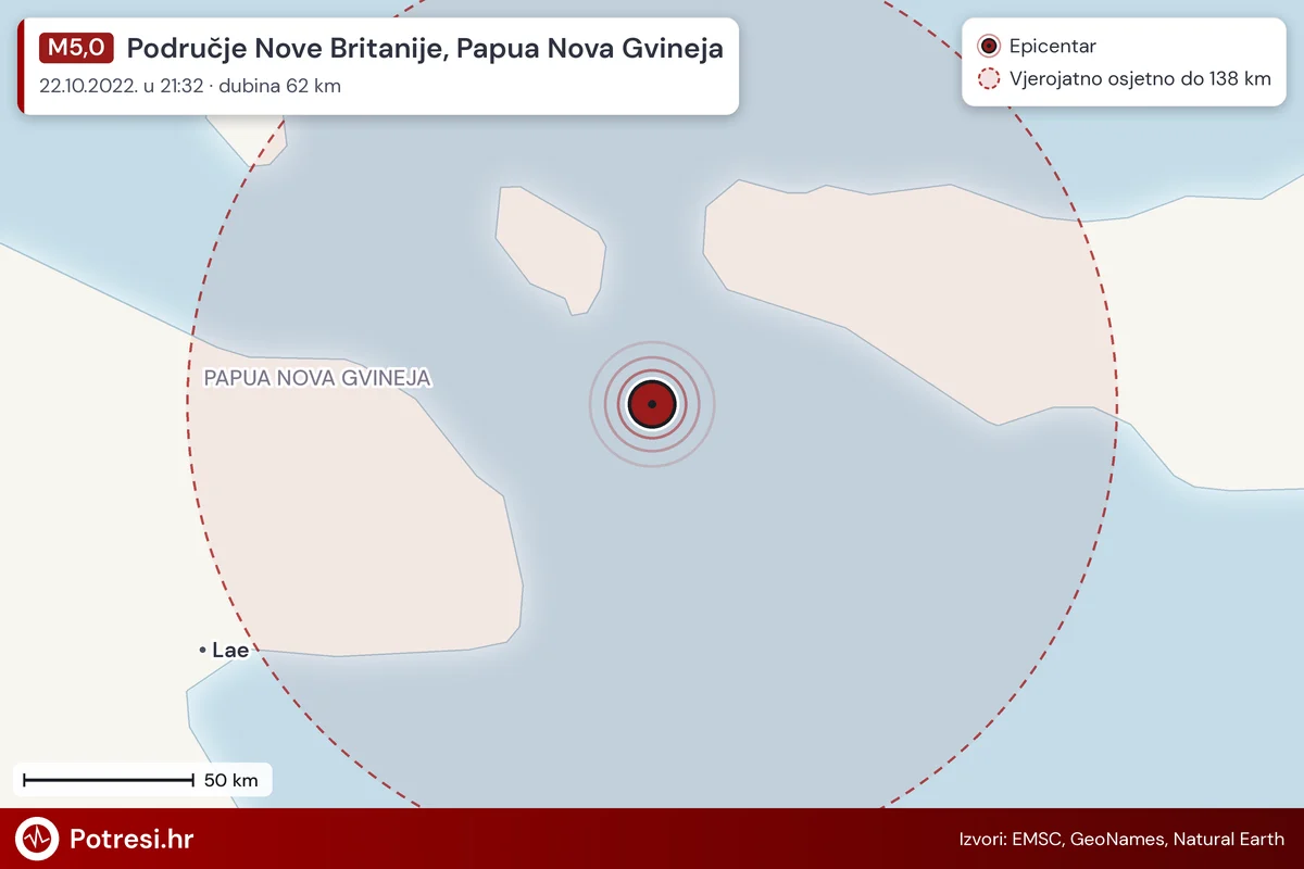 Karta: šire područje i vjerojatni doseg osjeta, potres M5,0, Područje Nove Britanije, Papua Nova Gvineja, 22.10.2022.