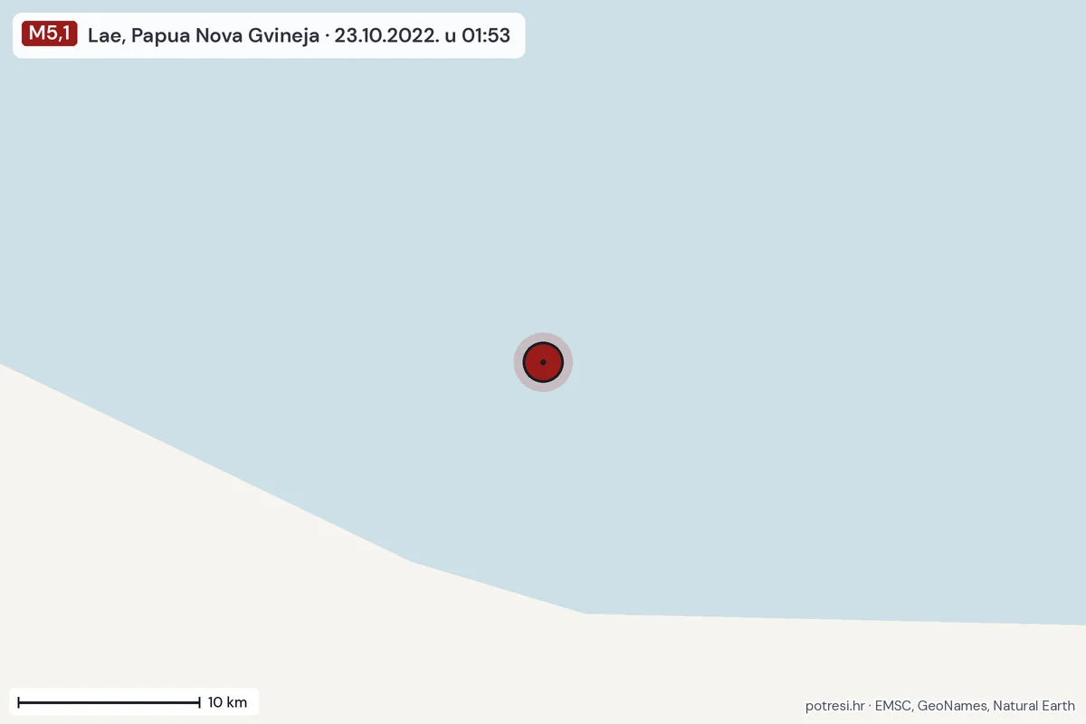 Karta: okolica epicentra, 60 km, potres M5,1, Lae, Papua Nova Gvineja, 23.10.2022.