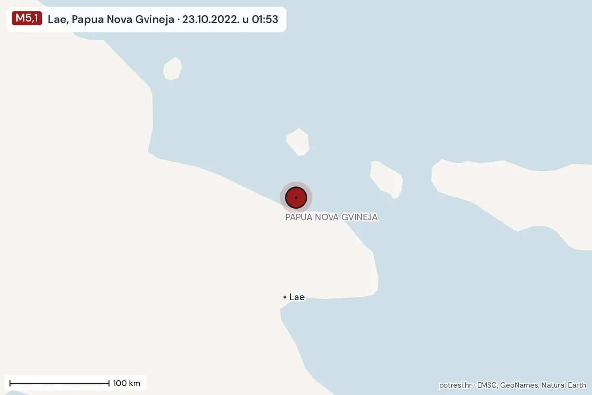 Karta: šire područje, 600 km, potres M5,1, Lae, Papua Nova Gvineja, 23.10.2022.