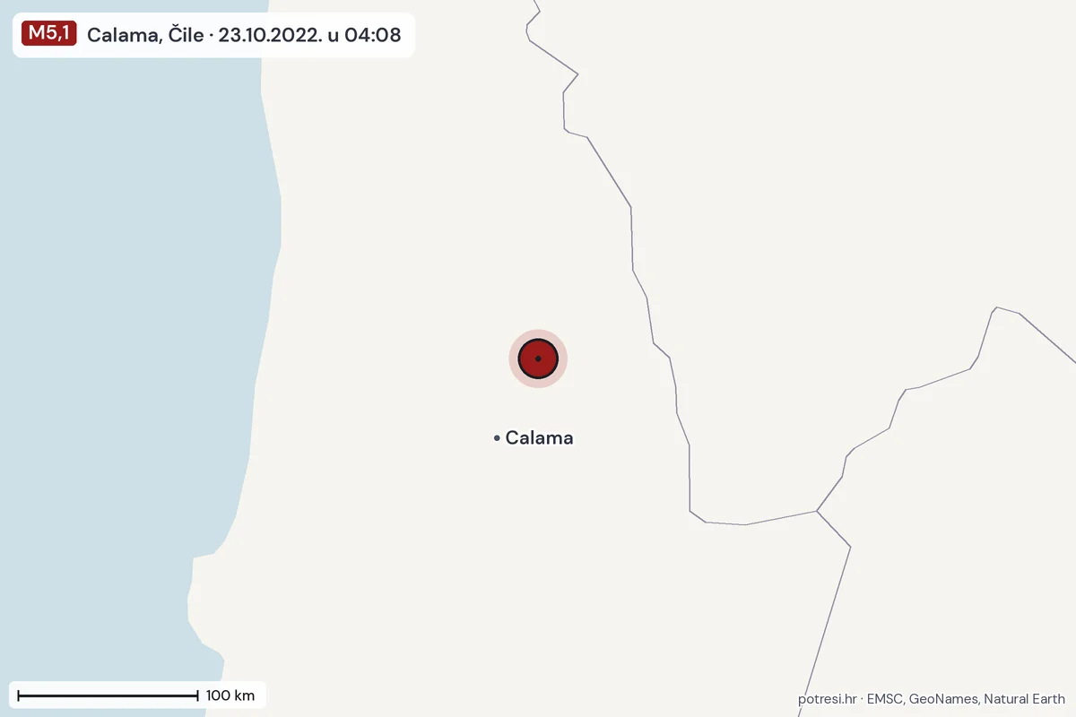 Karta: šire područje, 600 km, potres M5,1, Calama, Čile, 23.10.2022.