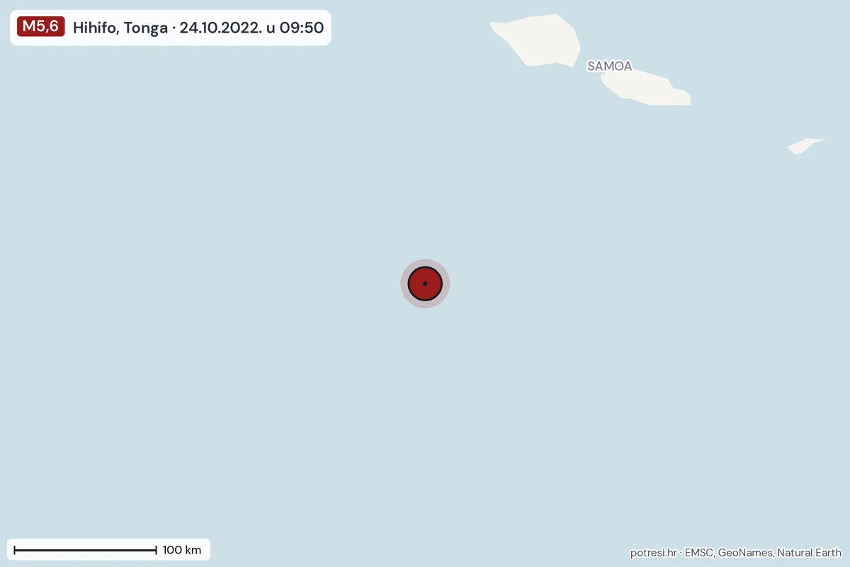 Karta: šire područje, 600 km, potres M5,6, Hihifo, Tonga, 24.10.2022.