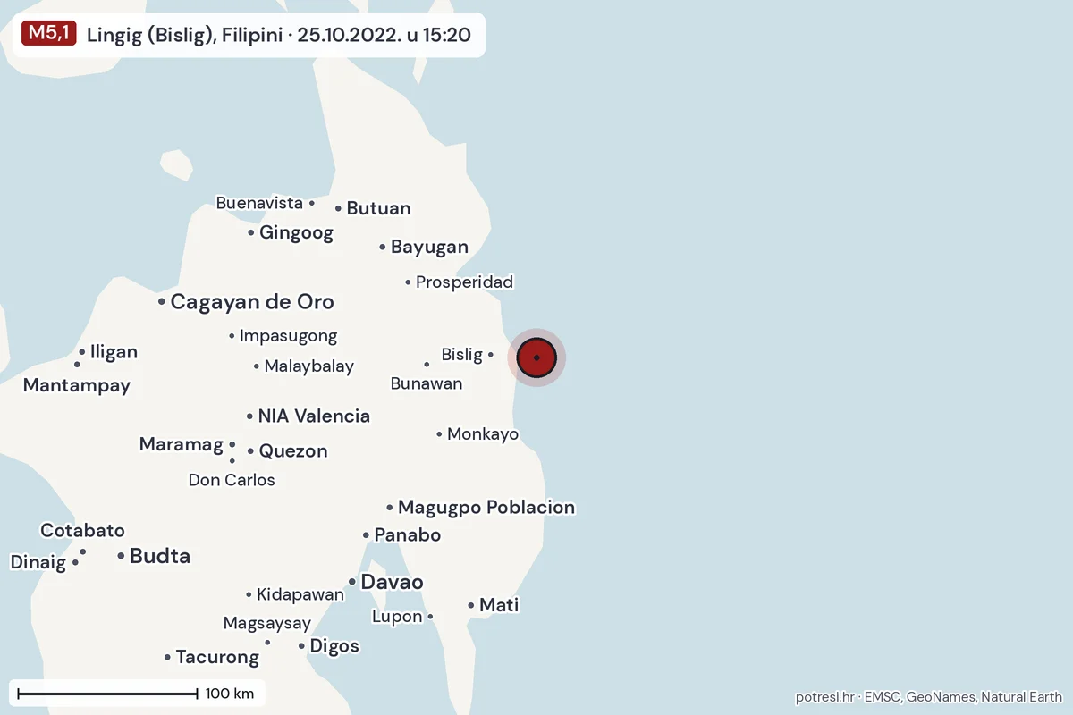 Karta: šire područje, 600 km, potres M5,1, Lingig (Bislig), Filipini, 25.10.2022.