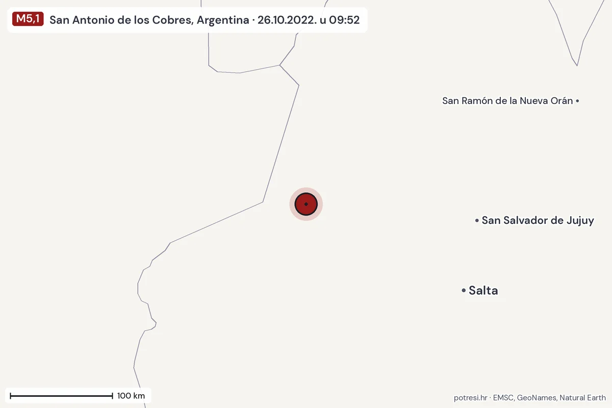 Karta: šire područje, 600 km, potres M5,1, San Antonio de los Cobres, Argentina, 26.10.2022.