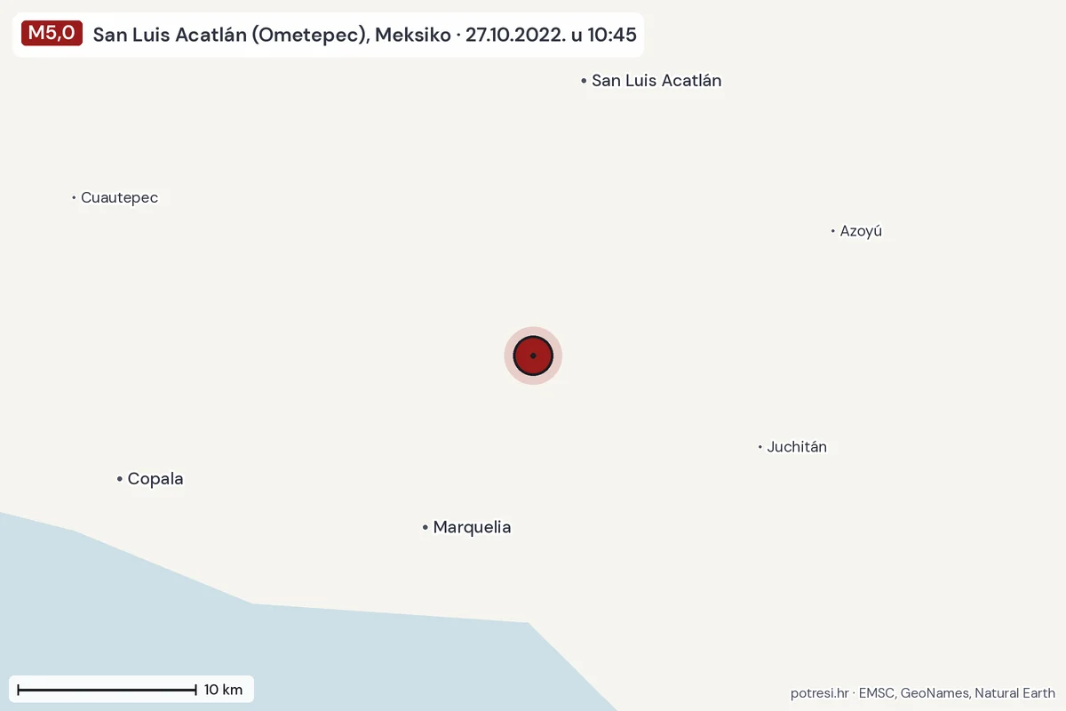 Karta: okolica epicentra, 60 km, potres M5,0, San Luis Acatlán (Ometepec), Meksiko, 27.10.2022.