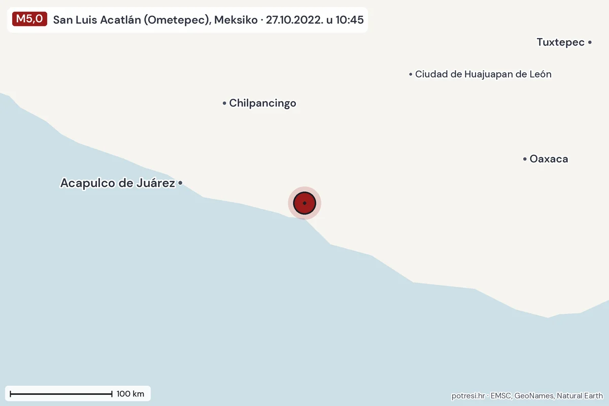 Karta: šire područje, 600 km, potres M5,0, San Luis Acatlán (Ometepec), Meksiko, 27.10.2022.