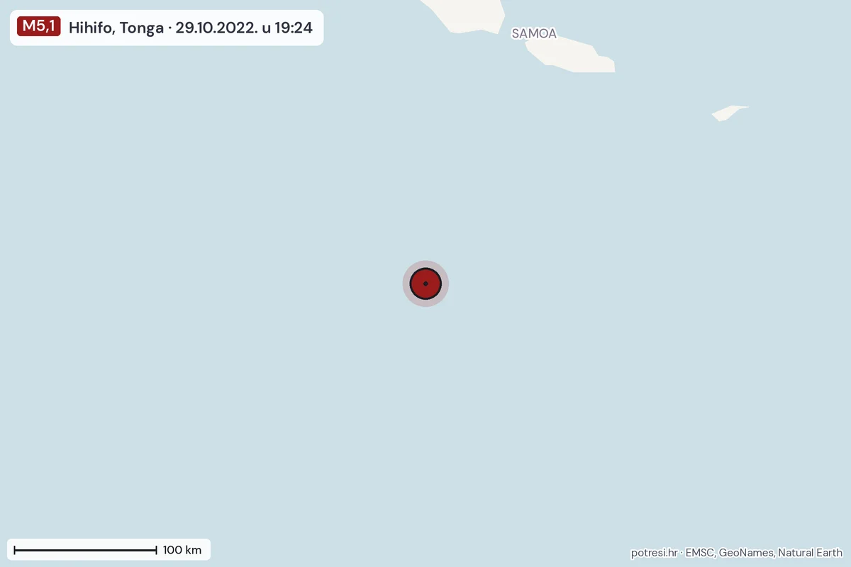 Karta: šire područje, 600 km, potres M5,1, Hihifo, Tonga, 29.10.2022.