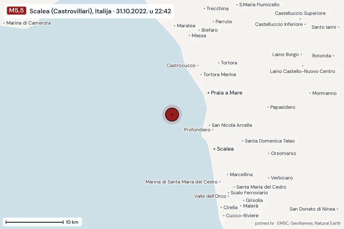 Karta: okolica epicentra, 60 km, potres M5,5, Scalea (Castrovillari), Italija, 31.10.2022.