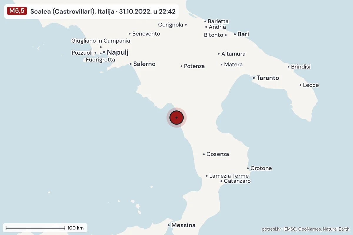 Karta: šire područje, 600 km, potres M5,5, Scalea (Castrovillari), Italija, 31.10.2022.