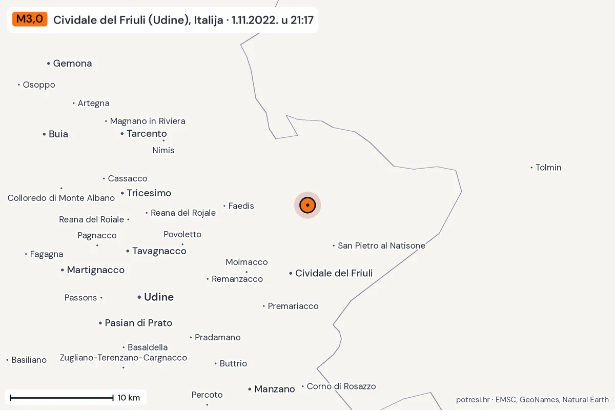 Karta: okolica epicentra, 60 km, potres M3,0, Cividale del Friuli (Udine), Italija, 1.11.2022.