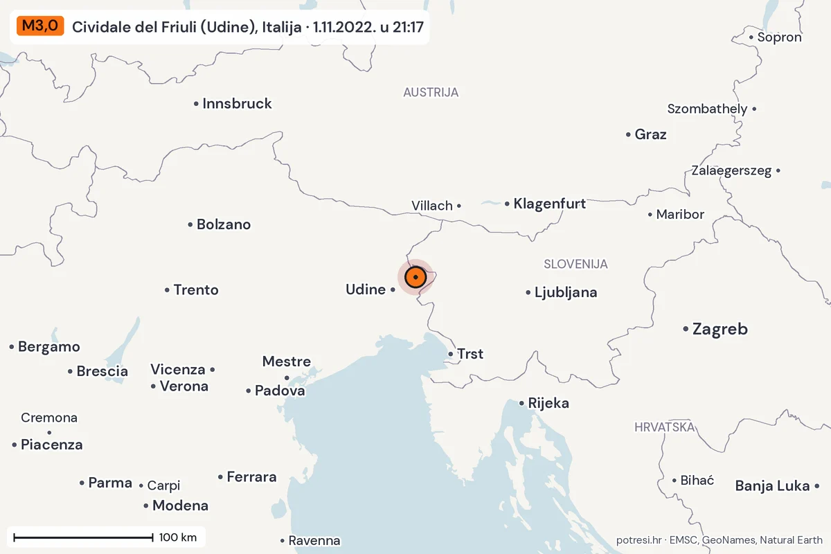 Karta: šire područje, 600 km, potres M3,0, Cividale del Friuli (Udine), Italija, 1.11.2022.