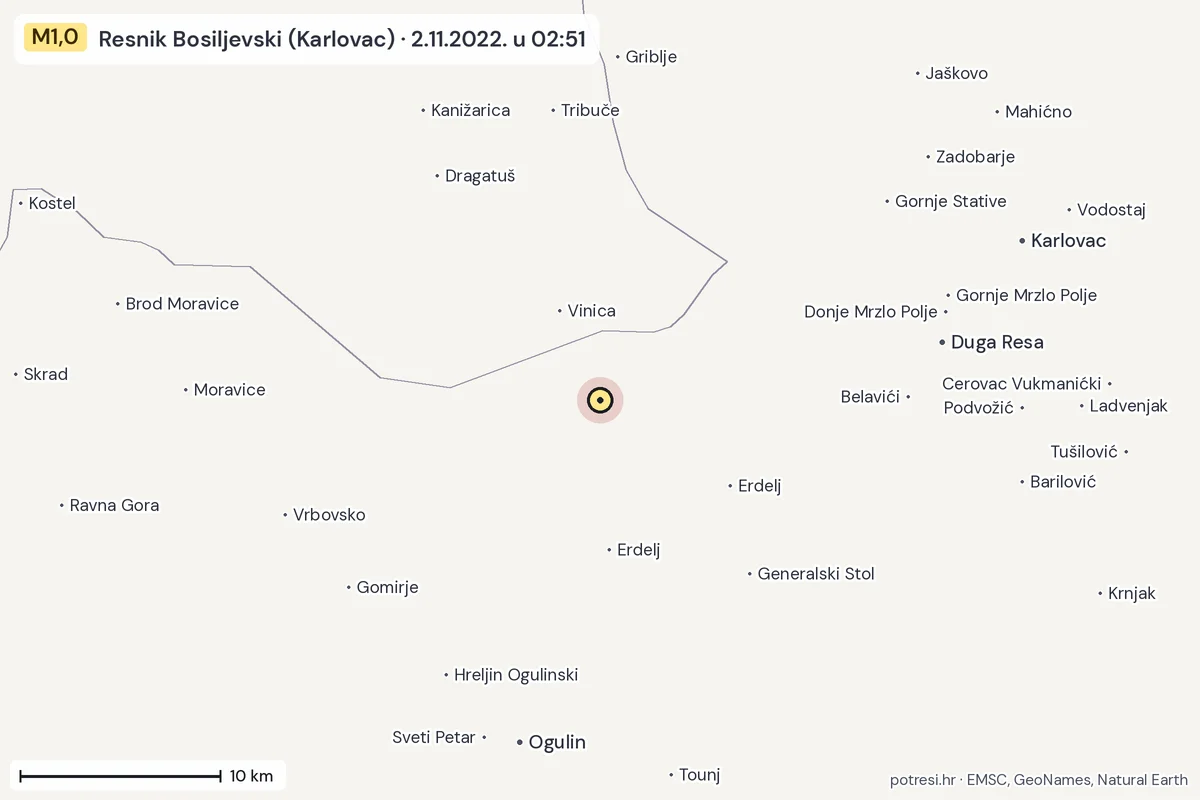Karta: okolica epicentra, 60 km, potres M1,0, Resnik Bosiljevski (Karlovac), 2.11.2022.
