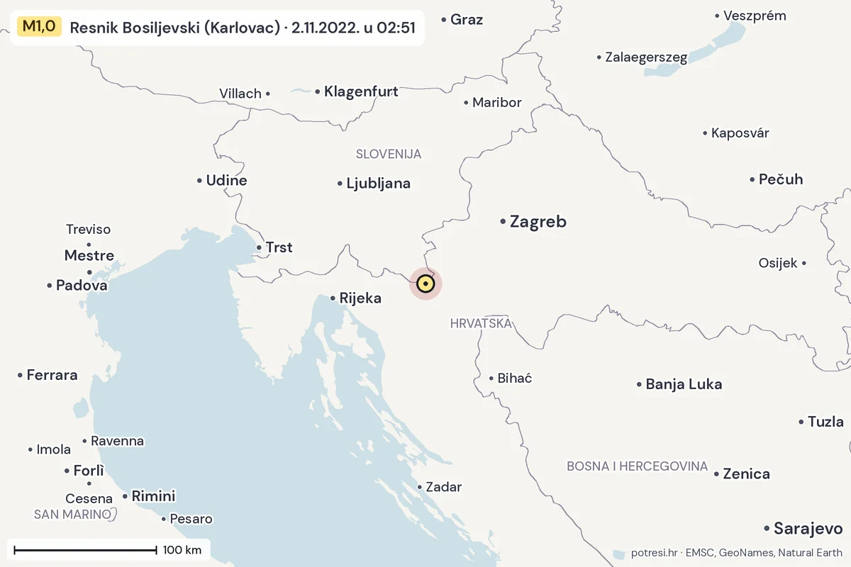 Karta: šire područje, 600 km, potres M1,0, Resnik Bosiljevski (Karlovac), 2.11.2022.