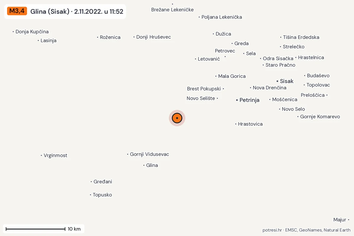 Karta: okolica epicentra, 60 km, potres M3,4, Glina (Sisak), 2.11.2022.