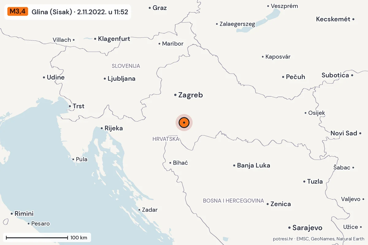 Karta: šire područje, 600 km, potres M3,4, Glina (Sisak), 2.11.2022.