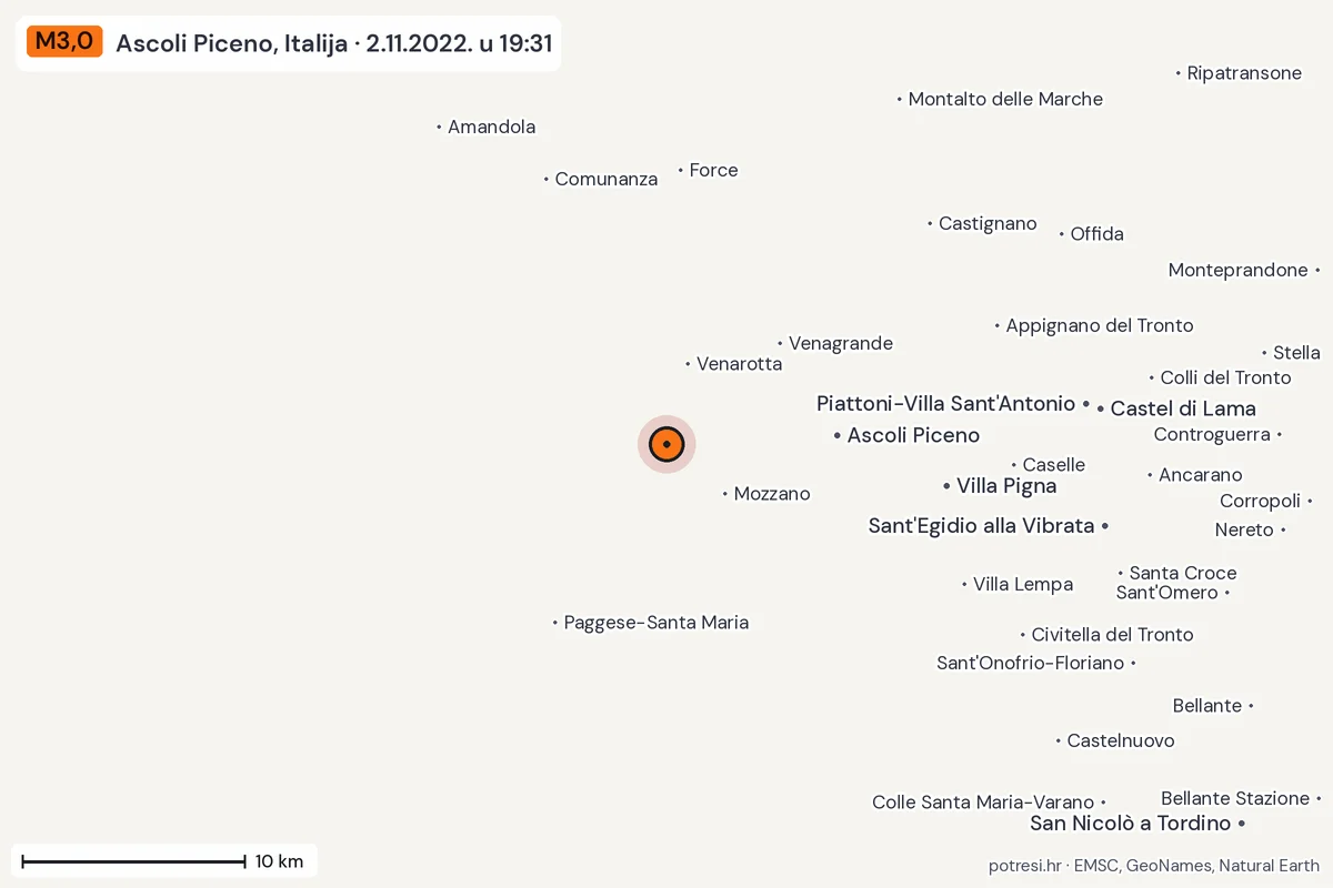 Karta: okolica epicentra, 60 km, potres M3,0, Ascoli Piceno, Italija, 2.11.2022.
