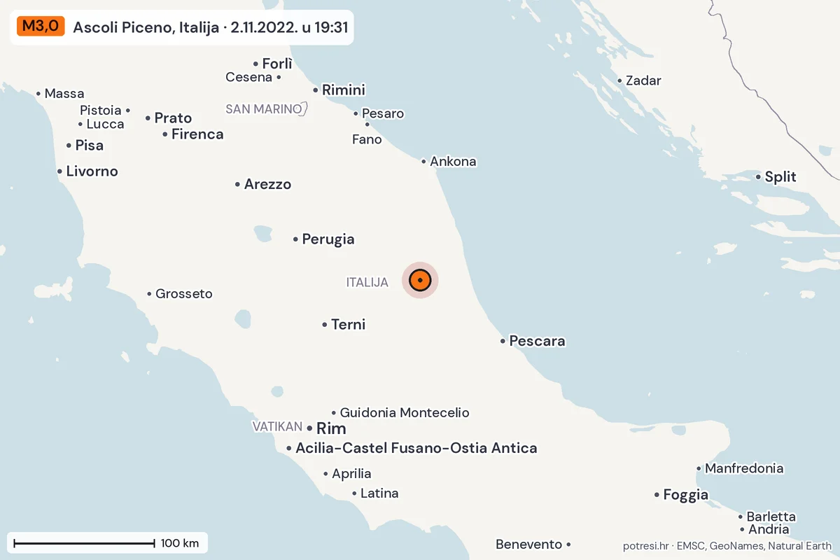 Karta: šire područje, 600 km, potres M3,0, Ascoli Piceno, Italija, 2.11.2022.