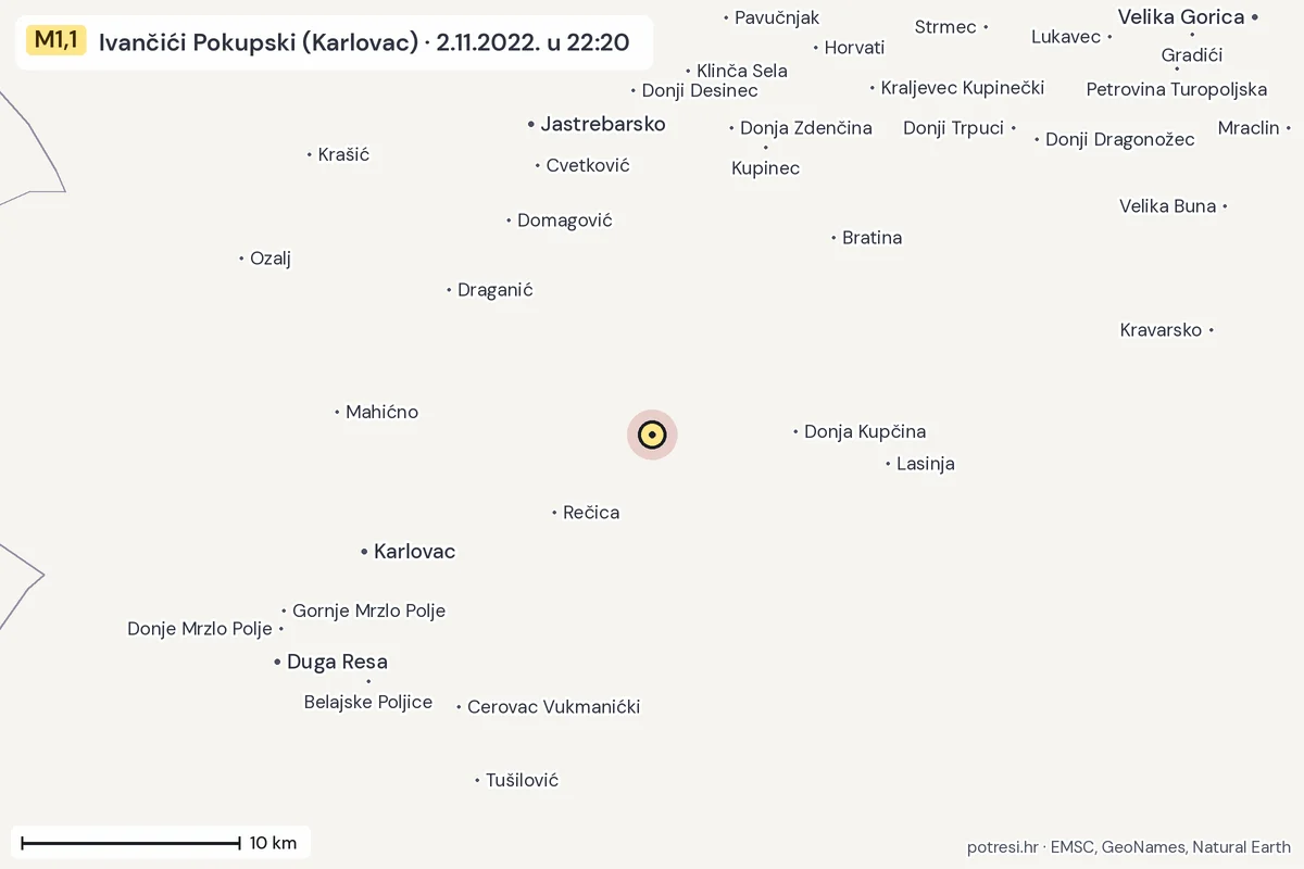 Karta: okolica epicentra, 60 km, potres M1,1, Ivančići Pokupski (Karlovac), 2.11.2022.