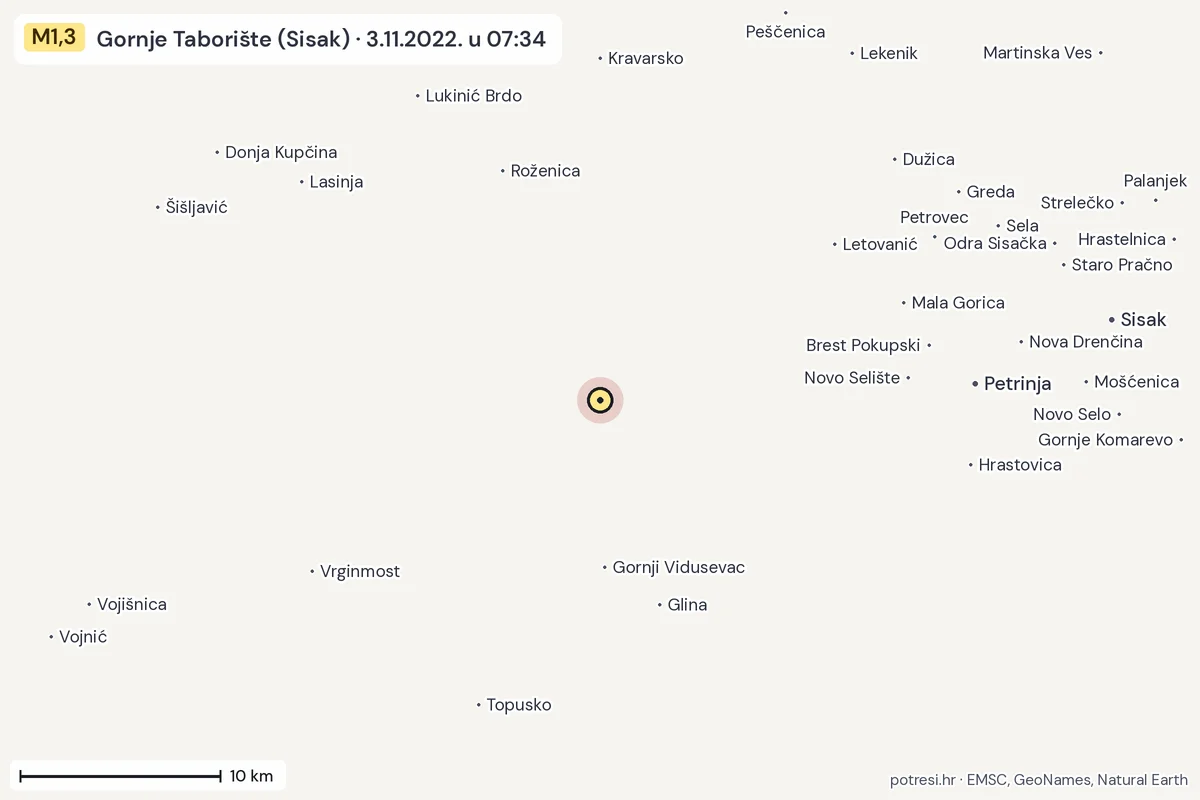 Karta: okolica epicentra, 60 km, potres M1,3, Gornje Taborište (Sisak), 3.11.2022.