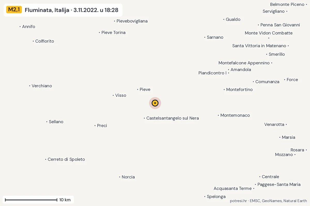 Karta: okolica epicentra, 60 km, potres M2,1, Fluminata, Italija, 3.11.2022.