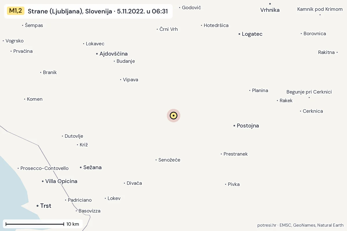 Karta: okolica epicentra, 60 km, potres M1,2, Strane (Ljubljana), Slovenija, 5.11.2022.