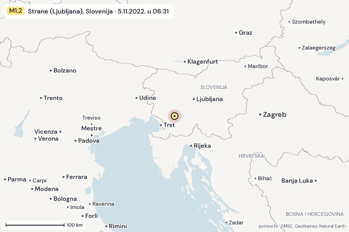 Karta: šire područje, 600 km, potres M1,2, Strane (Ljubljana), Slovenija, 5.11.2022.