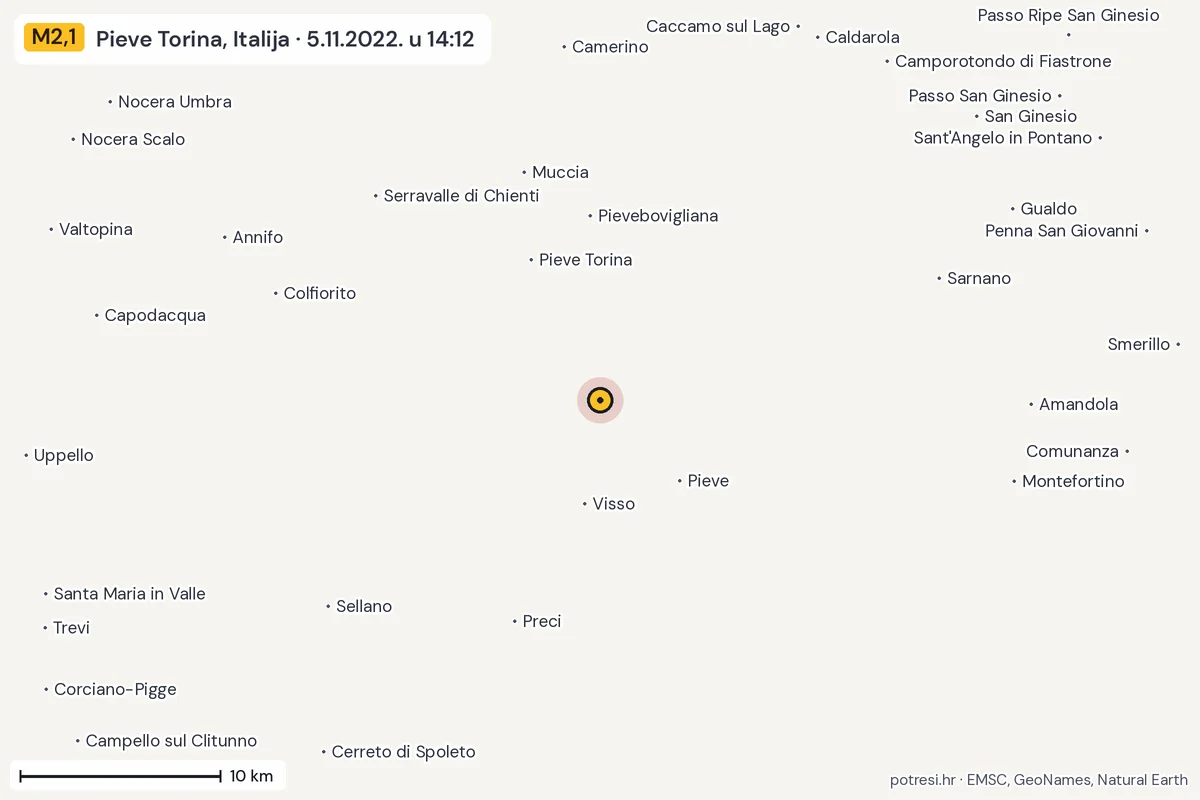 Karta: okolica epicentra, 60 km, potres M2,1, Pieve Torina, Italija, 5.11.2022.