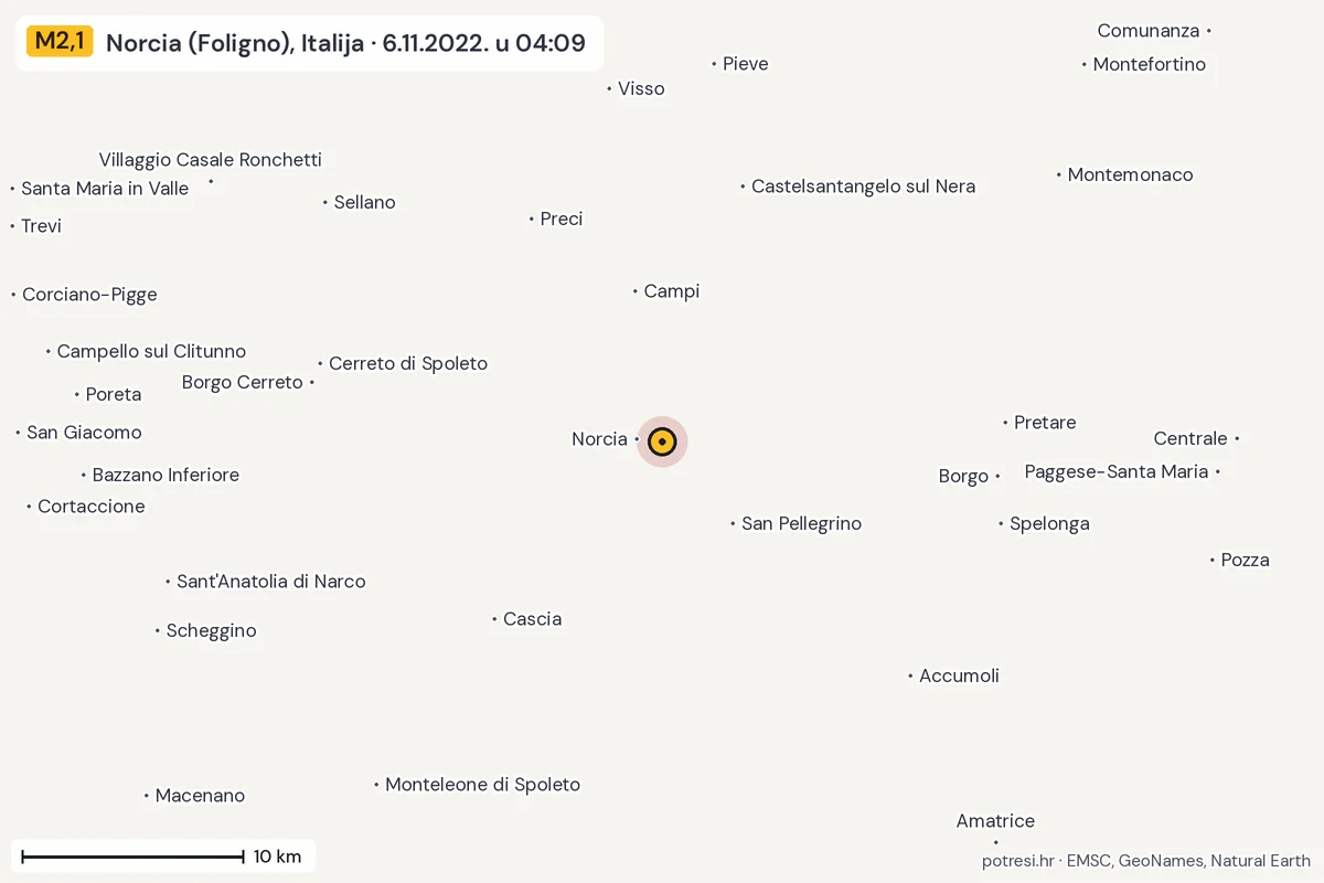 Karta: okolica epicentra, 60 km, potres M2,1, Norcia (Foligno), Italija, 6.11.2022.