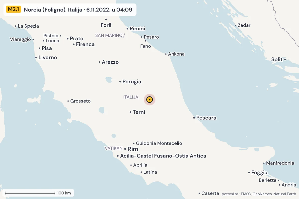 Karta: šire područje, 600 km, potres M2,1, Norcia (Foligno), Italija, 6.11.2022.