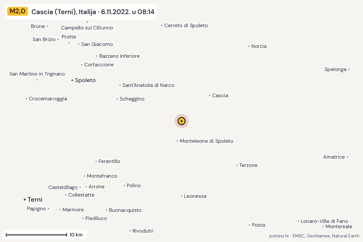 Karta: okolica epicentra, 60 km, potres M2,0, Cascia (Terni), Italija, 6.11.2022.