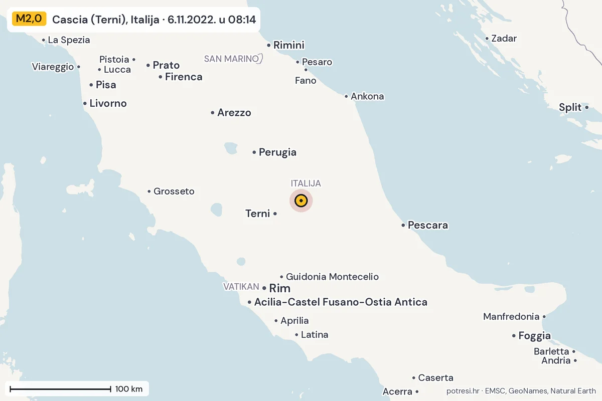 Karta: šire područje, 600 km, potres M2,0, Cascia (Terni), Italija, 6.11.2022.