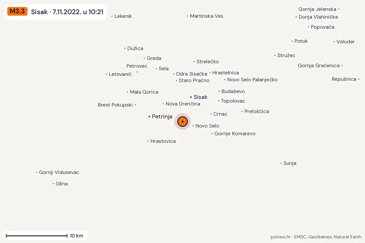 Karta: okolica epicentra, 60 km, potres M3,3, Sisak, 7.11.2022.